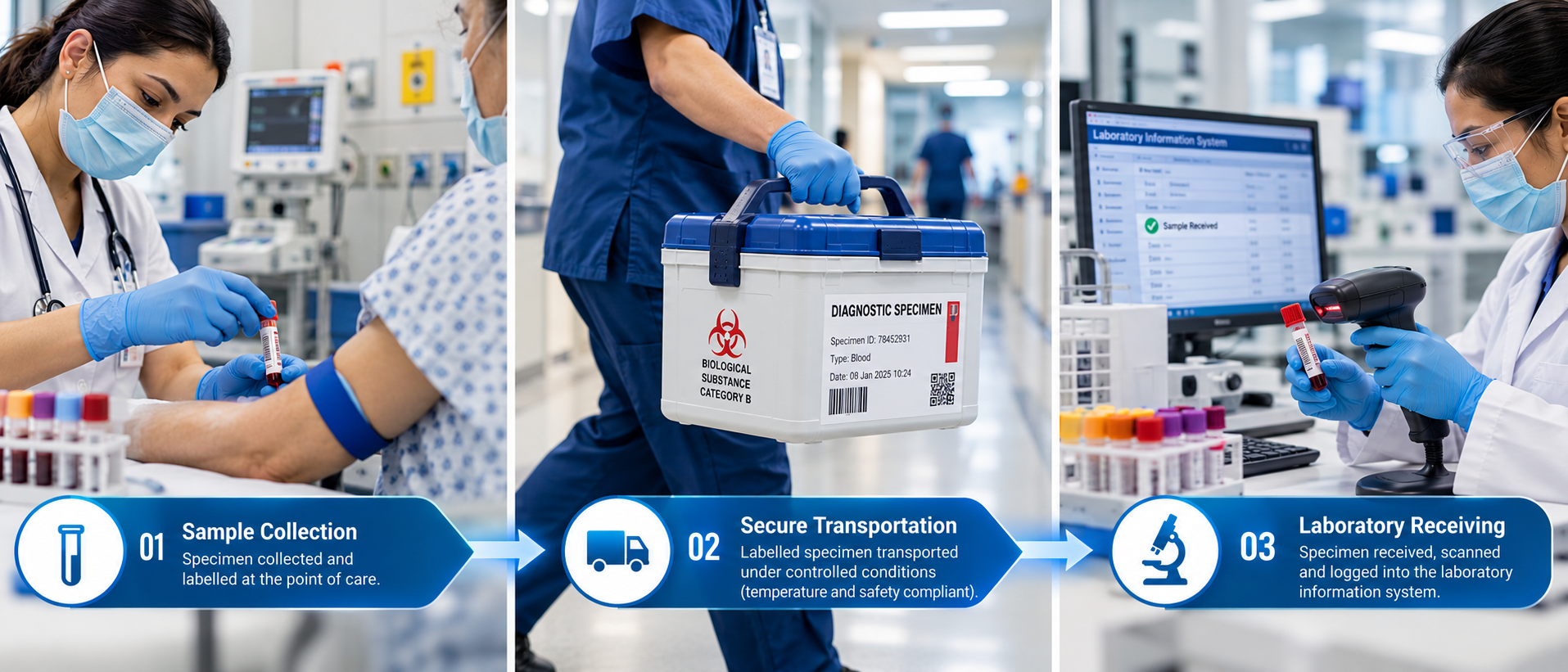Diagnostic sample journey from healthcare collection point through transportation to laboratory receiving