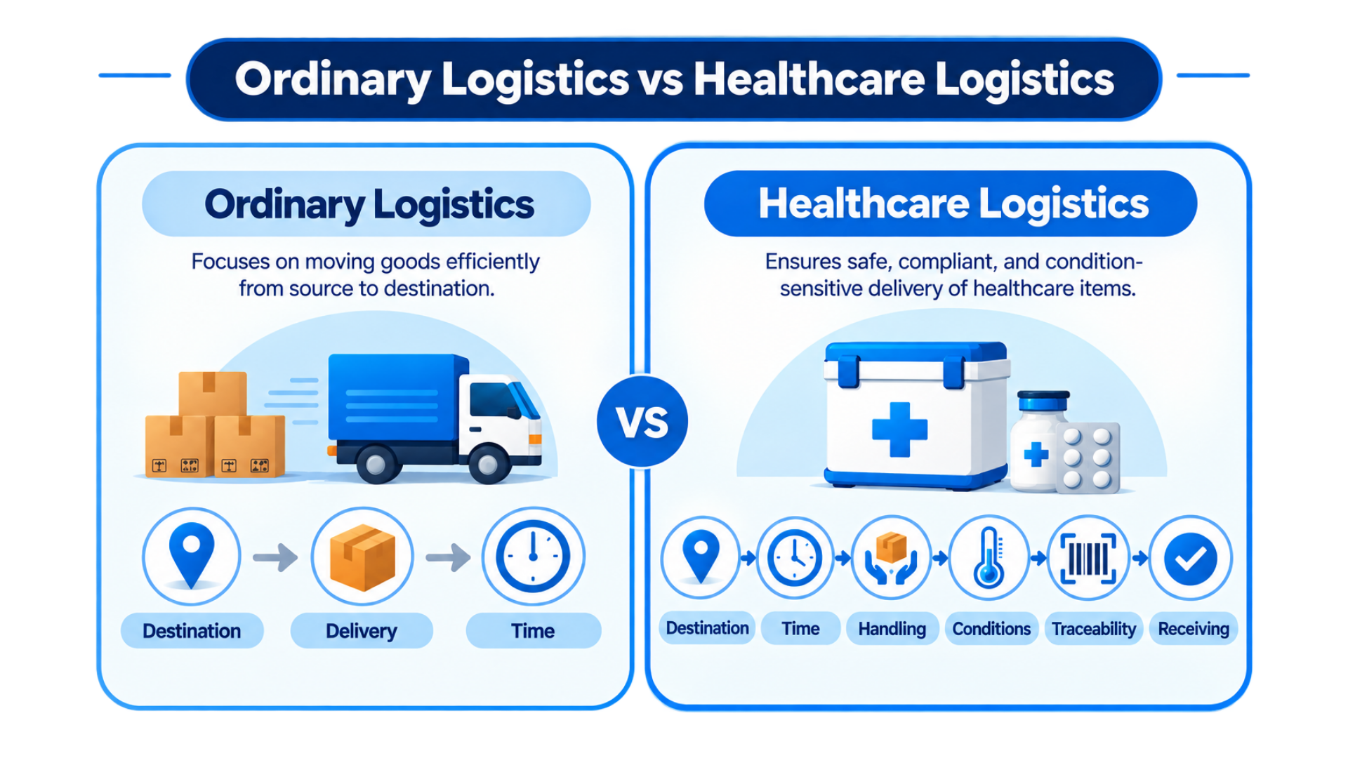 Comparison showing how healthcare logistics includes handling, conditions, traceability and receiving requirements
