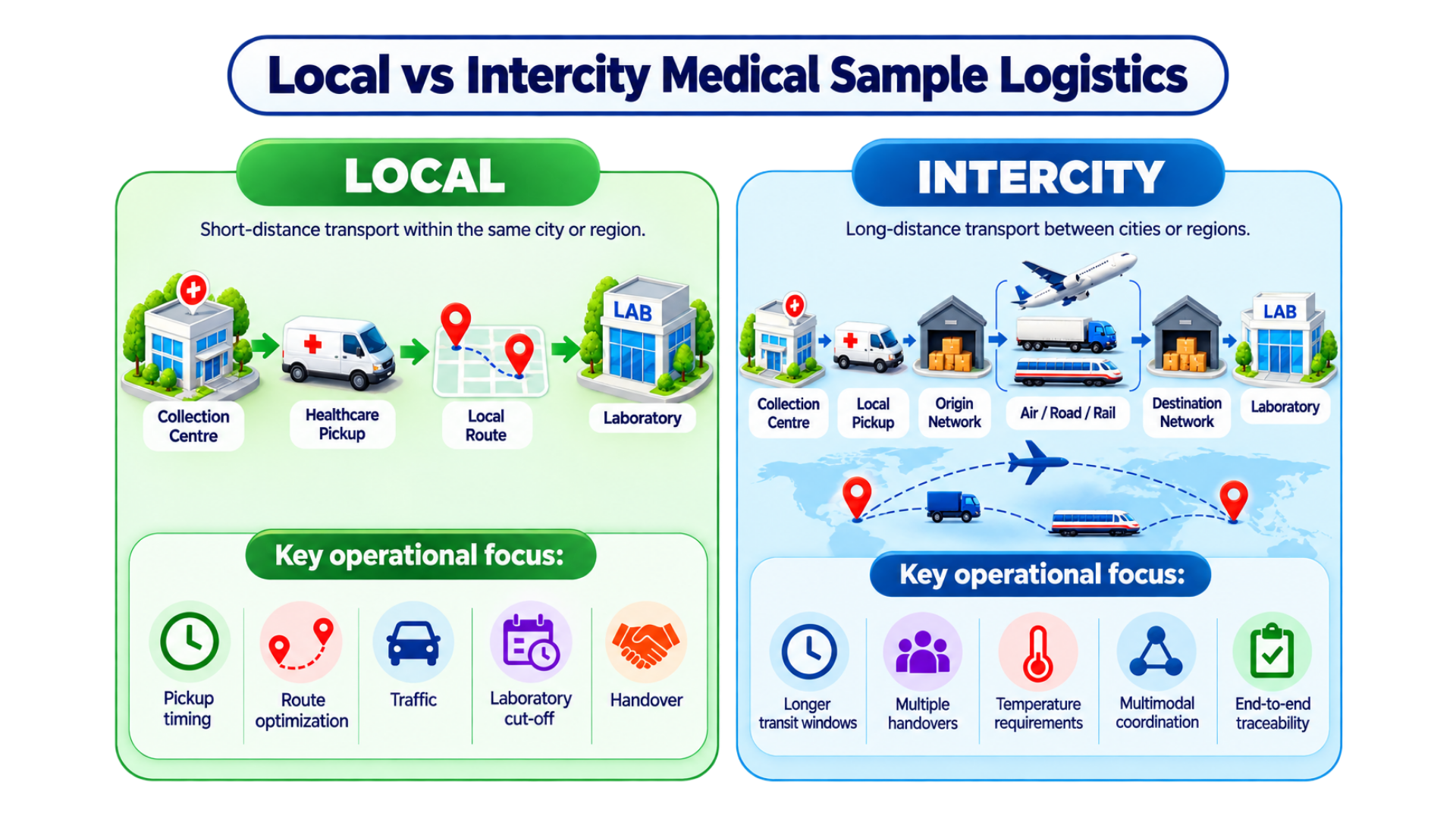 Comparison of local and intercity medical sample transportation logistics